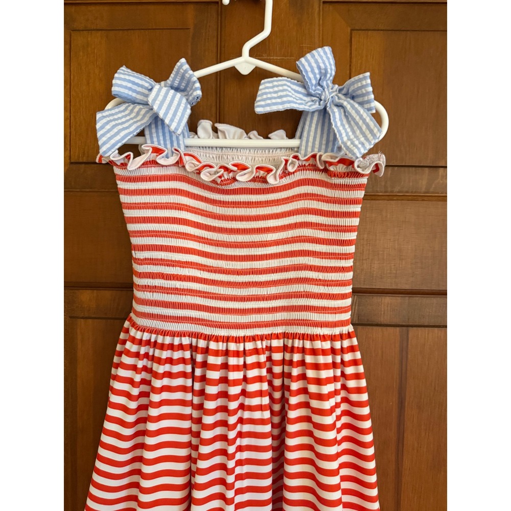 BB Baby Crab Smocked Sundress Girls Size 7 Striped Bow Sleeves Summer Resortwear - Picture 3 of 15